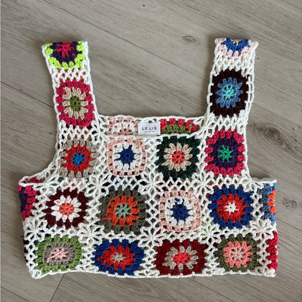 Le‎ Lis Granny Square Crochet Crop Top Grandmacore Boho Festival NWT
